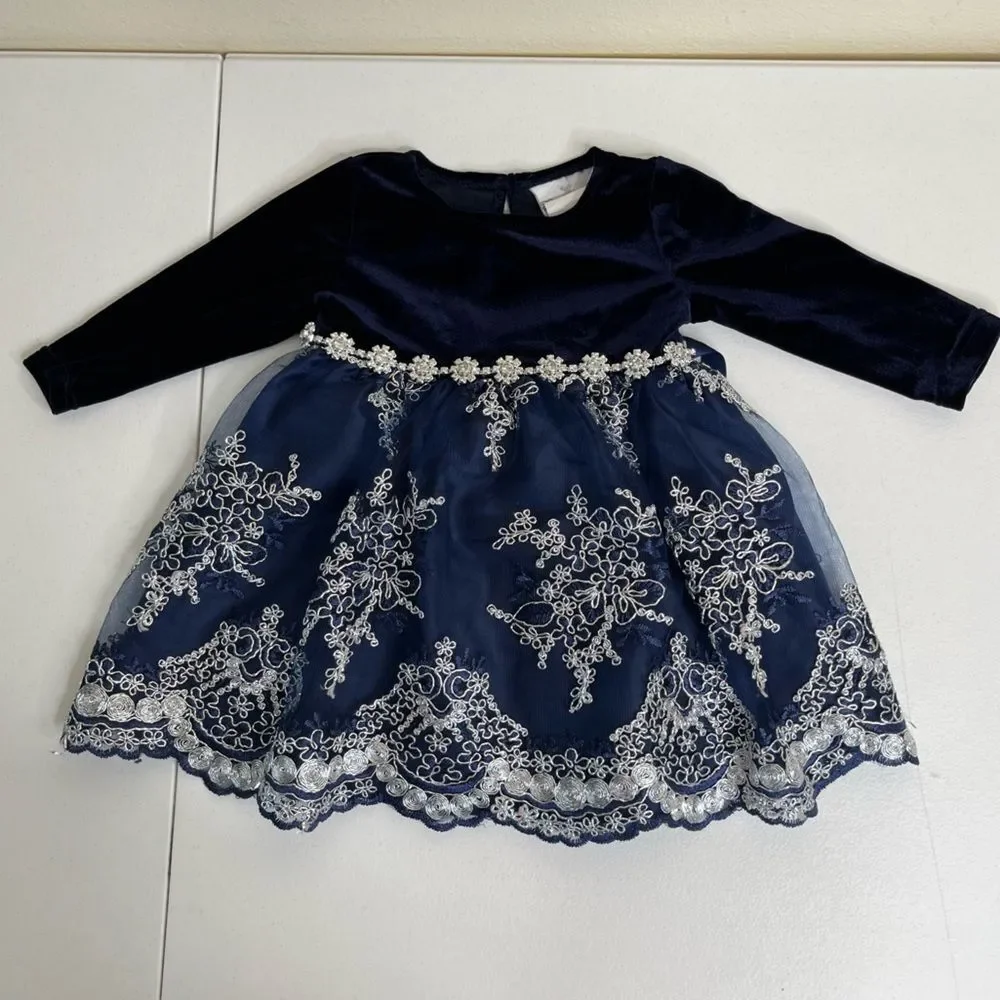 Rare Editions Navy Blue Velvet Lace Rhinestone Dress Bottom Set Girls 6-9 Months